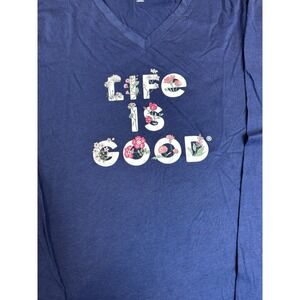 Life Is Good Sleep Womens XXL Navy Spell Out Flowers V-Neck Long Sleeve Shirt